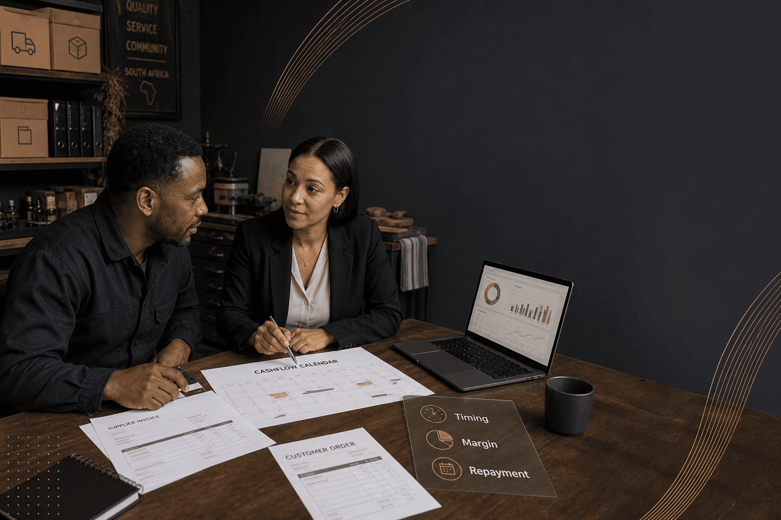 South African SME owner and advisor reviewing a cashflow calendar, supplier invoice and customer order before business funding